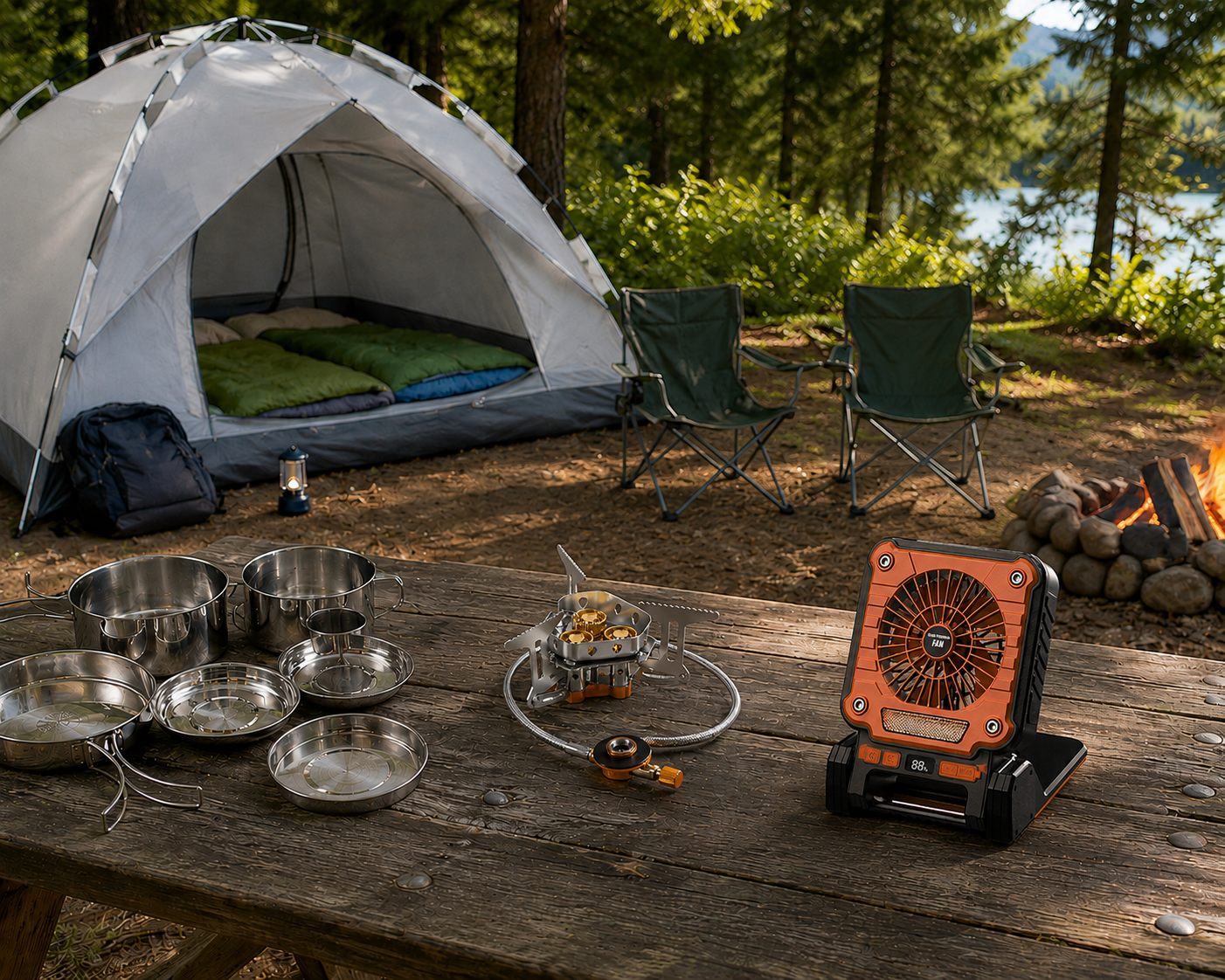 Family weekend camping starter kit with tent, cookware, stove and lantern